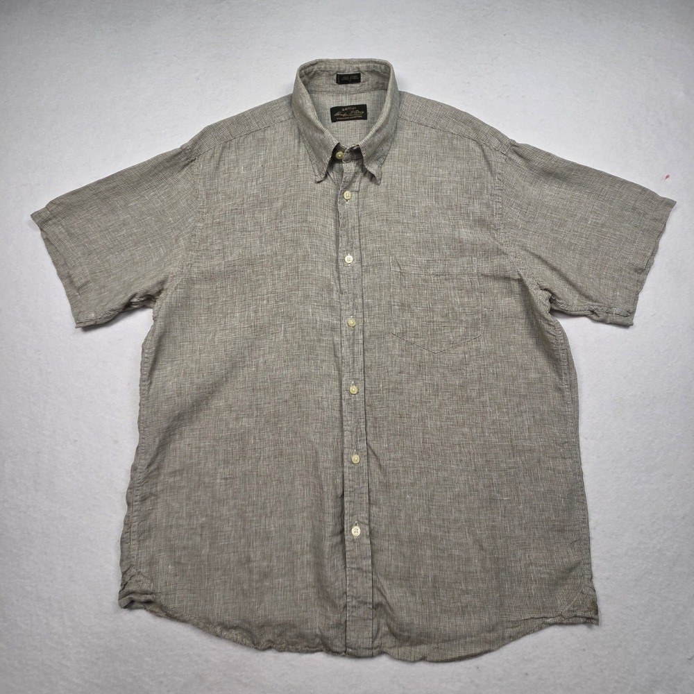 Orvis Button‎ Down Shirt Mens XL Beige 100% Linen Short Sleeve Signature Check